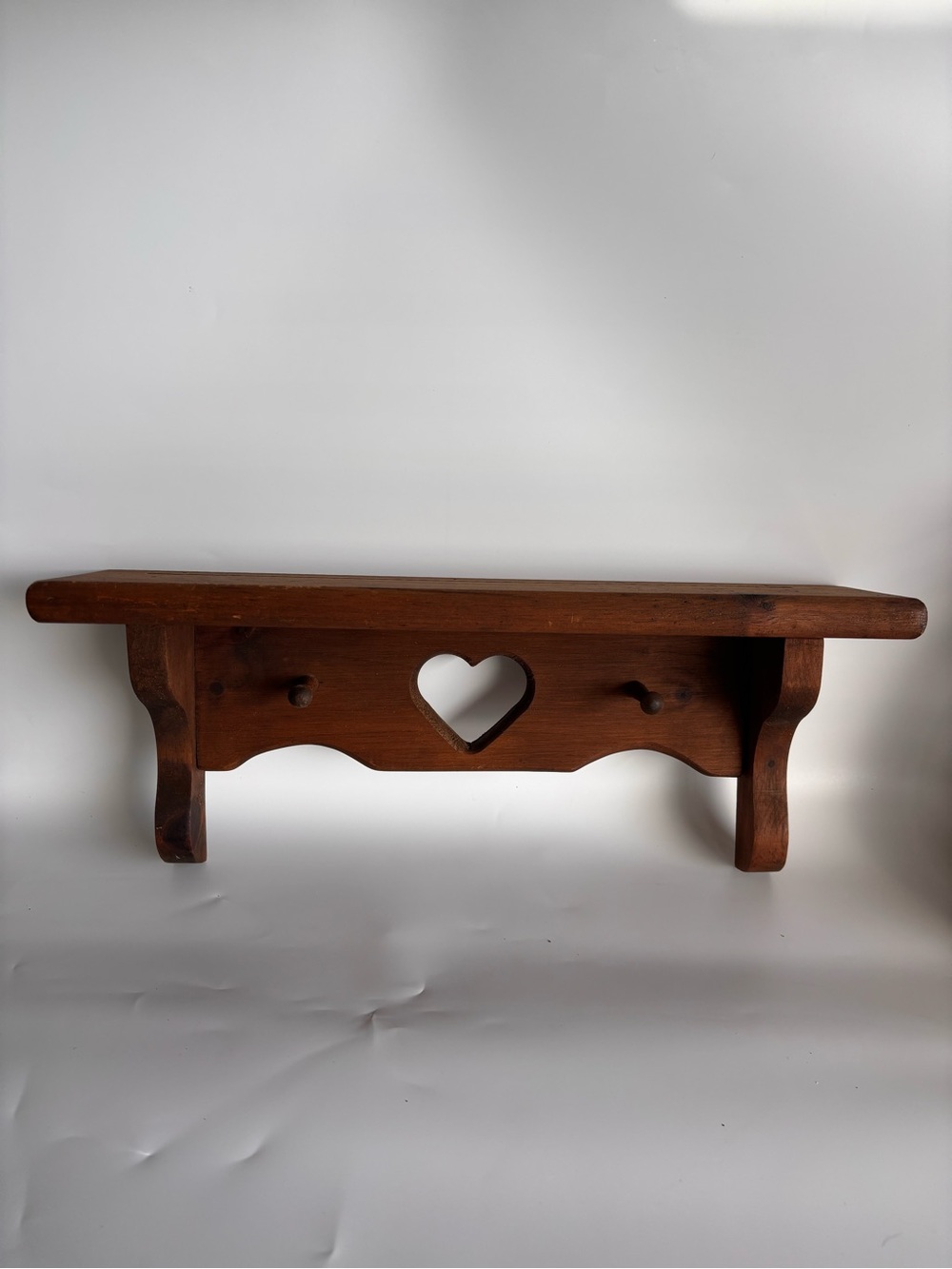 Vintage Shelf Heart Solid Wood Pegs Cut Out 15 3/4” x 6 1/2” Cottagecore Brown
